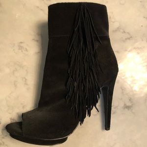 BCBGeneration Black fringe open toe booties 9.5